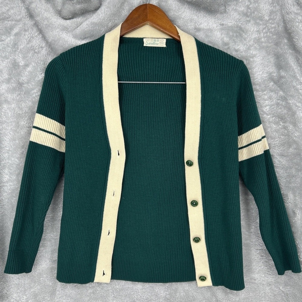 Green and Cream Women's Cardigan Sweater